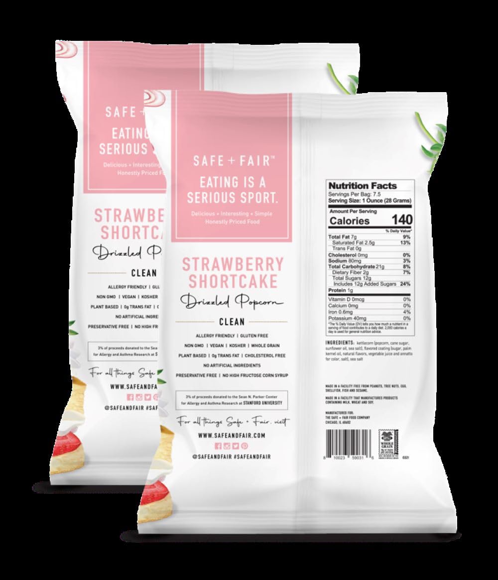Safe + Fair Food Company Plant-Based Gourmet Strawberry Flavored Popcorn - Strawberry Shortcake Drizzled Kettle Corn Popcorn - N
