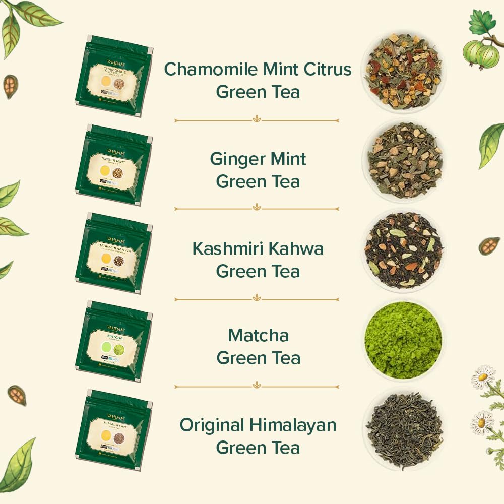 VAHDAM, Assorted Green Tea Loose Leaf Tea Sampler (10 Flavours, 50+ Servings) Exotic Green Tea Blends from Himalayas with 100% N