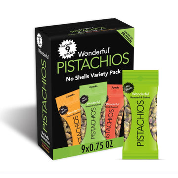 Wonderful Pistachios, No Shells, 3 Flavors Variety Pack of 9 (075 Ounce), Protein Powered, carb-Friendly, gluten Free, On-the go