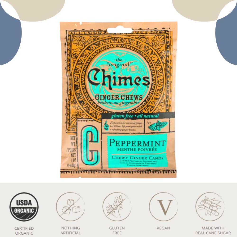 Chimes Ginger Chews Large Variety Pack Of 4, 1 Of Each (Original, Mango, Peppermint, Peanut Butter) 20 Oz Total Low Calorie Vega