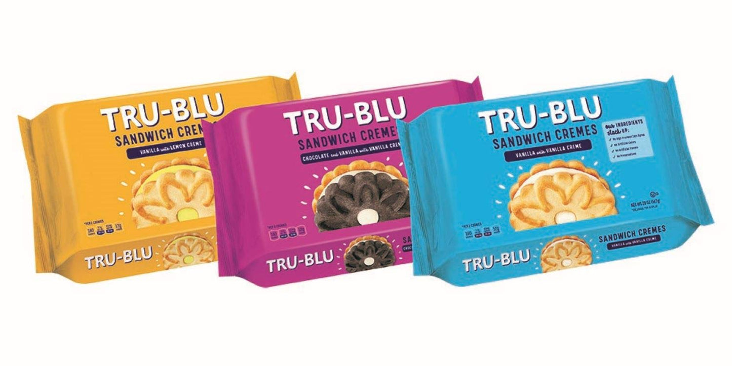 Tru Blu Assorted Sandwich Creme Cookies | Vanilla, Duplex & Lemon | No Artificial Ingredients | No High Fructose Corn Syrup | Made In The Usa | 12 Ounce (Pack Of 3)