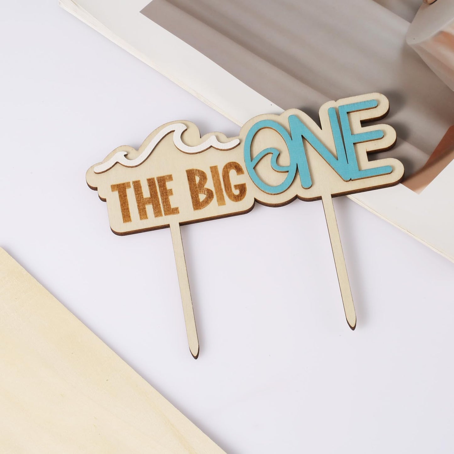 PEUTIER Wave Surfing Wooden Cake Topper, 18x15cm, Blue, Model 13085, 1st Birthday Party Decorations