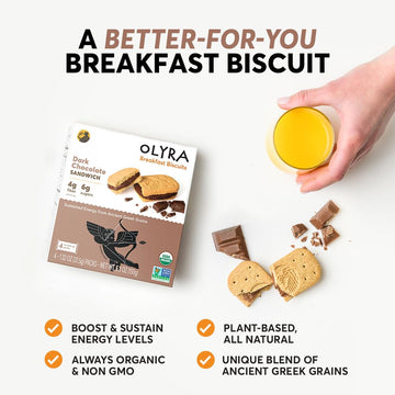 Olyra Dark Chocolate Sandwich Breakfast Biscuits, Organic Vegan, Low Sugar, High Fiber, Pack of 12