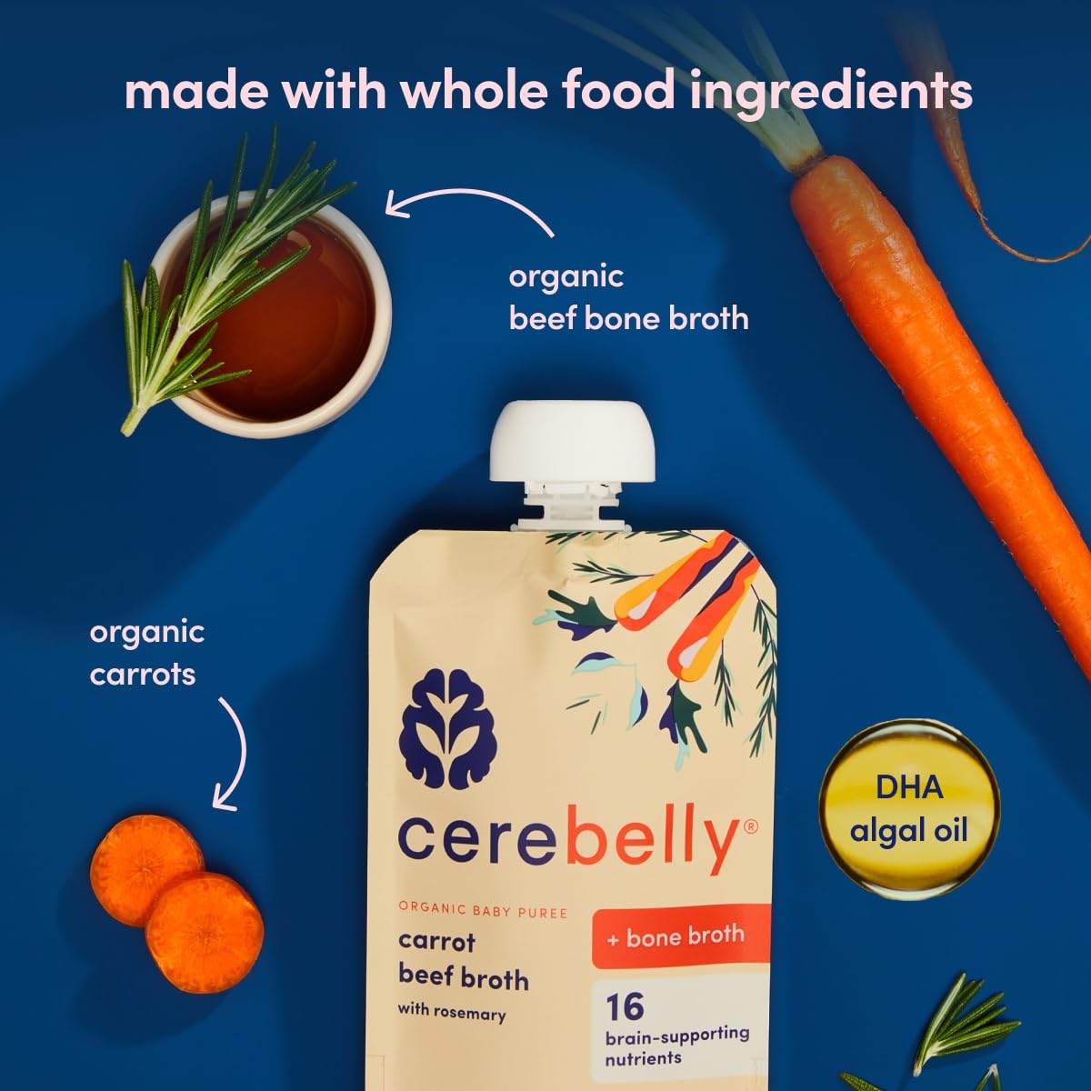 Cerebelly Organic Baby Food Pouches - Organic Beef Bone Broth Pouches | Protein, Healthy Fats, Non-Gmo | Baby Food Meals | 4 Oun