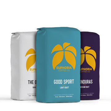 EUPHORIA COFFEE CO. Whole Bean Variety Pack with Good Sport Light Roast, Honduras Medium Roast, and The Office Dark Roast | 12oz