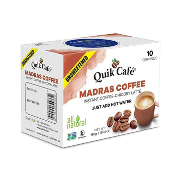 Quik Caf Unsweetened Madras Coffee - 10 Count - All Natural Preservative Free Authentic Instant Coffee Latte