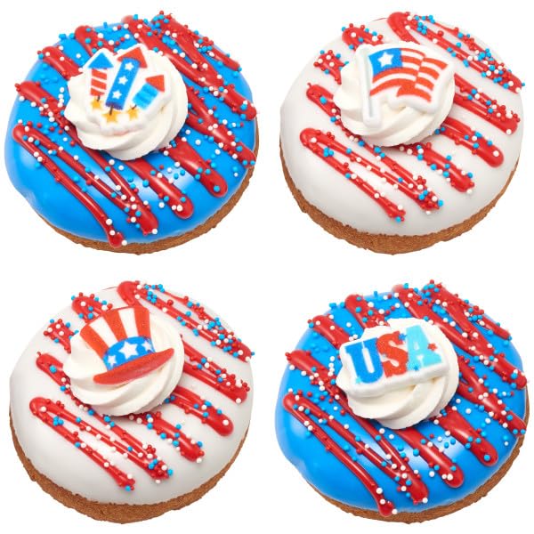 NCS USA Edible Sugar Cake Toppers - 12 Count, Red, White, Blue , Flag, Hat