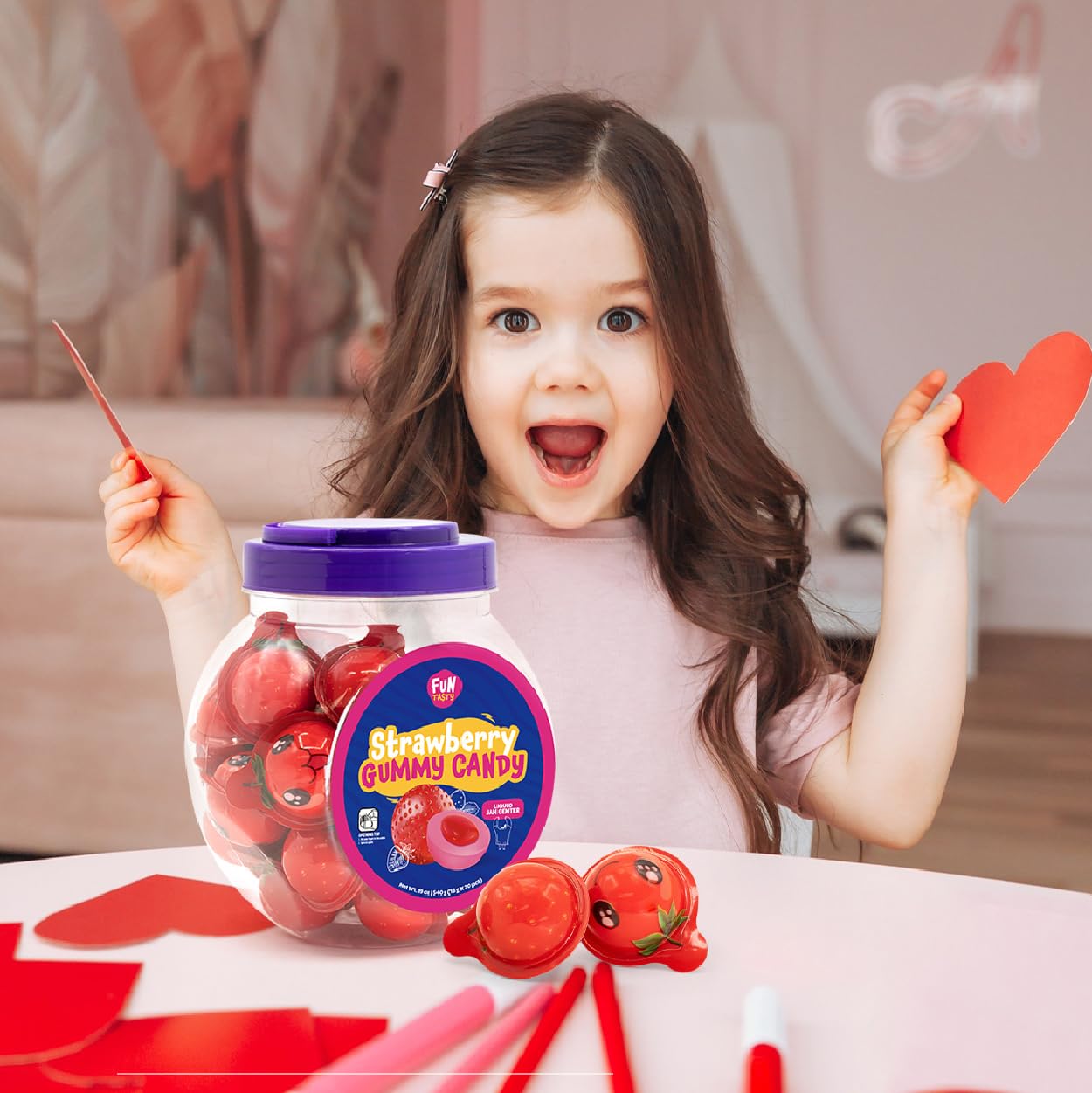 Funtasty Strawberry Gummy Balls - 19 Ounce Jar (30 Count) - Jam Filled Candy - Party Favors