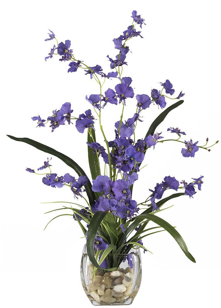 Nearly Natural 19In Artificial Dancing Lady Orchid Flower Arrangement In Glass Vase With River Rock And Liquid Illusions Fake Wa