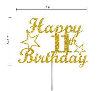RokAPary 11th Birthday Cake Topper, Gold Glitter, Double-Sided Acrylic, Sturdy Decoration, Model RCT217