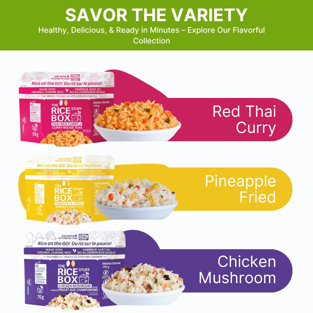 The Rice Stuff Box - Chicken Mushroom Instant Rice Meals, 6-Pack, Organic Jasmine Rice, Non-Gmo, Gluten-Free, Vegan, Dairy-Free