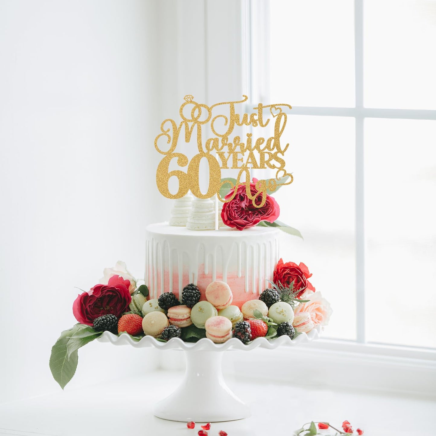 Just Married 60 Years Ago Cake Topper, 60Th Anniversary Cake Decor, 60 Years & Loved, Happy 60Th Wedding Anniversary Party Decor