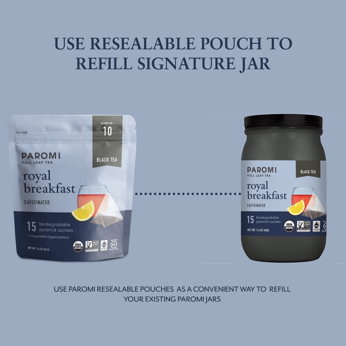 Paromi Royal Breakfast Organic Black Tea, Signature Jar, 15 Count