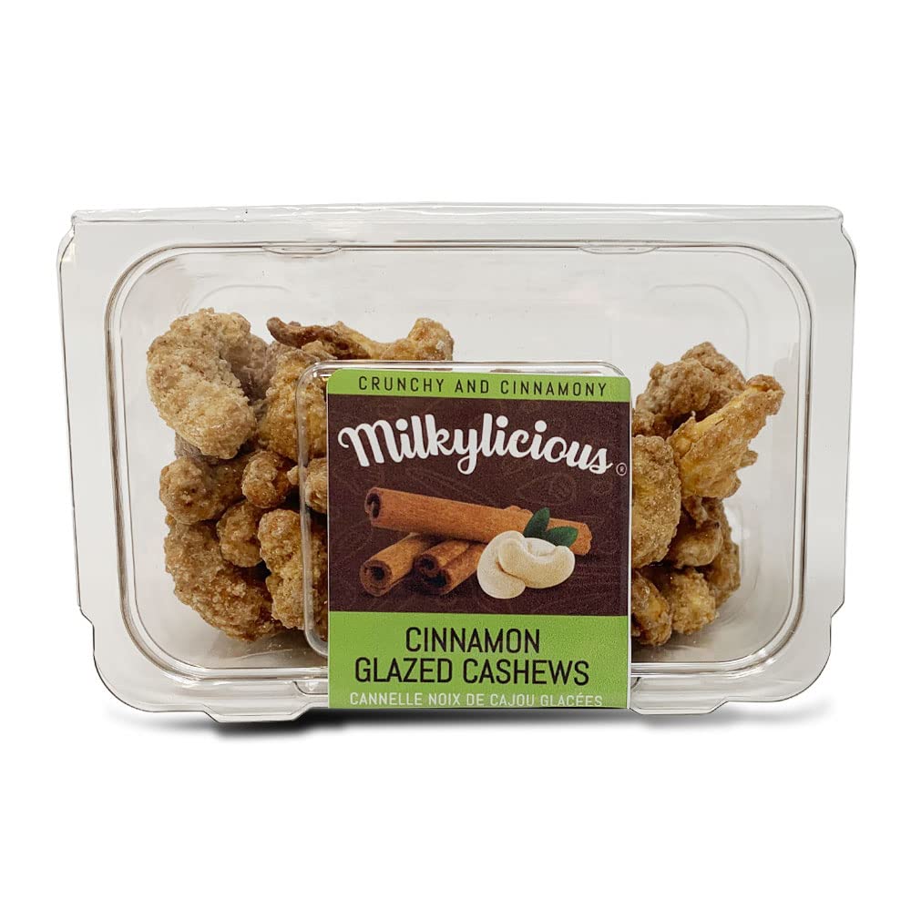 Milkylicious Premium Hand Roasted Cinnamon Glazed Cashews - 4 Oz Plant-Based Snack, Sweet Crunchy Flavor, Perfect for Gifting