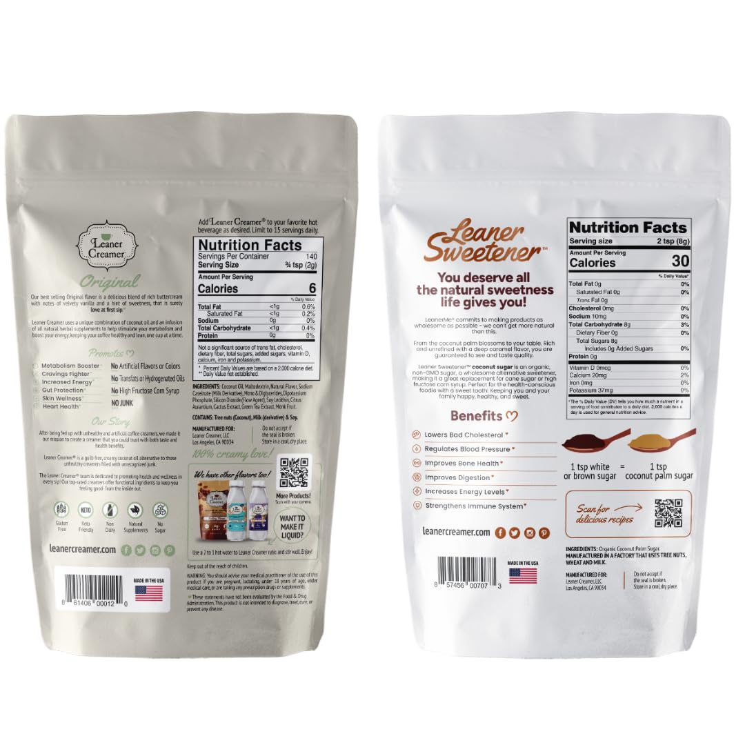 Leaner Creamer Non-Dairy Sugar Free Coffee Creamer Powder, 9.87 oz, Perfect for Coffee & Smoothies, Pack of 2 (Original + Coconut Sugar)