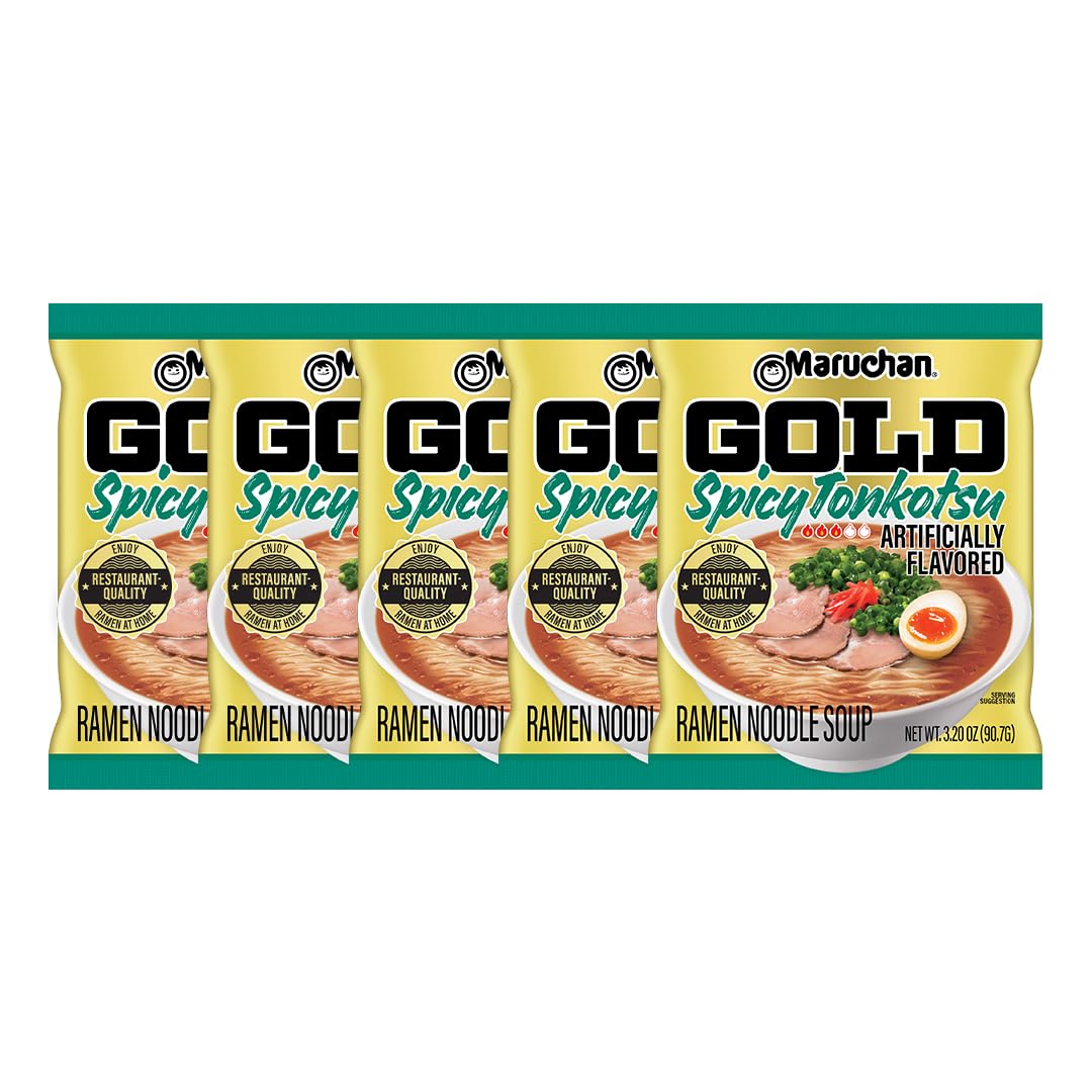 Maruchan Gold Spicy Tonkotsu Ramen Noodles, 3.2 Oz, 5 Pack - Restaurant Quality Instant Ramen