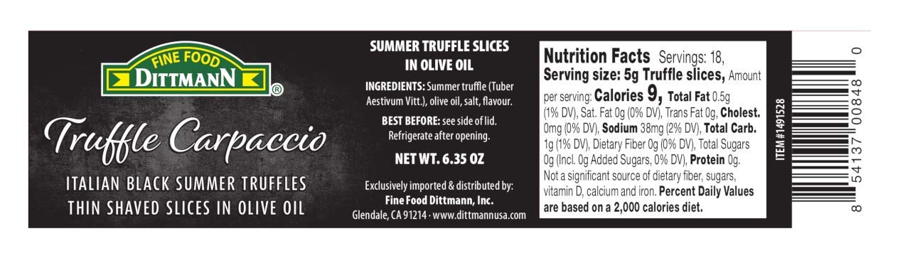 100% Italian Black Summer Truffle Carpaccio (6.35 Oz) - Thin Shaved Truffle Slices (Tuber Aestivum) in Olive Oil - Gourmet Ready