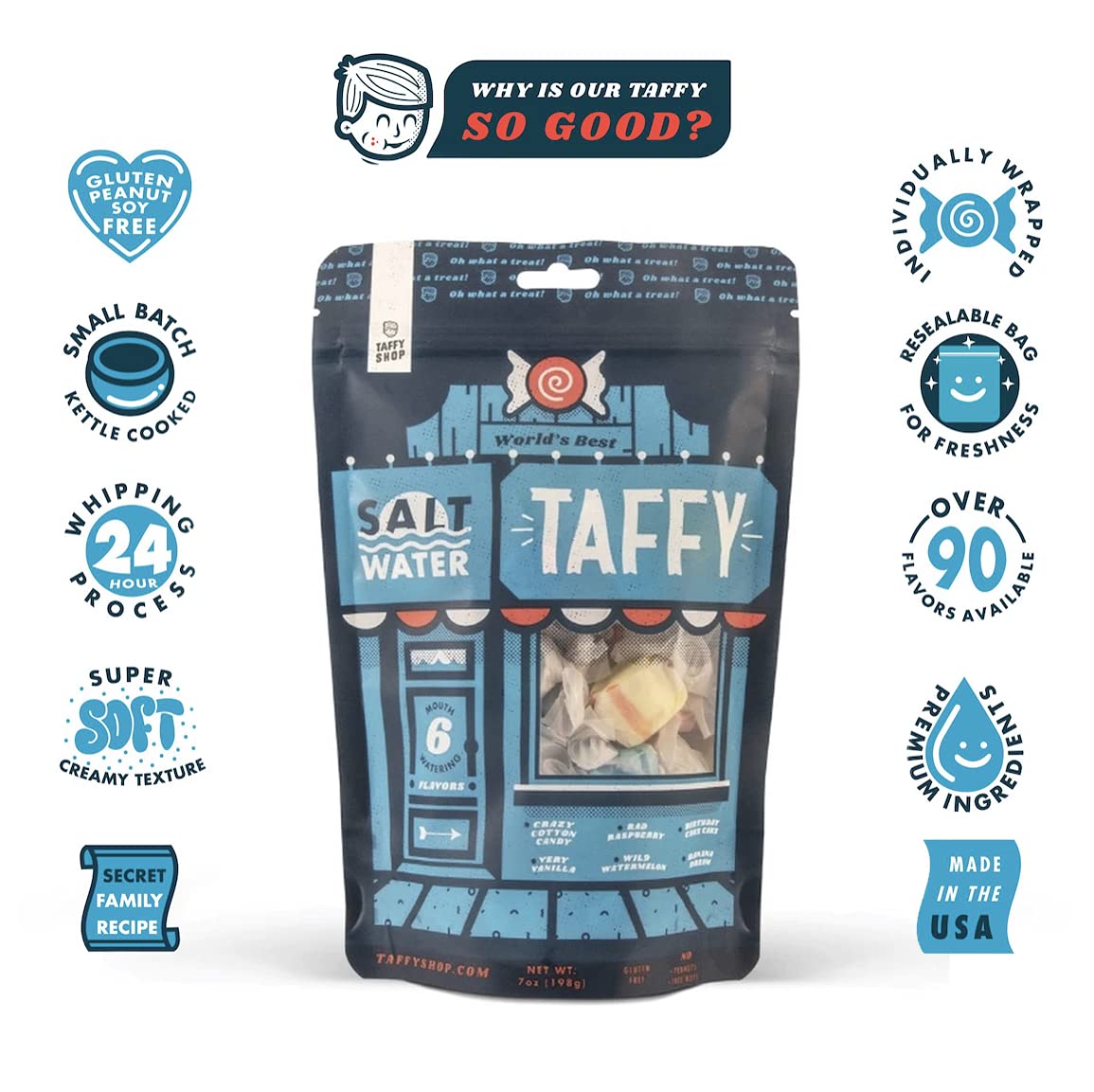Taffy Shop World'S Best Taffy - Small-Batch, Super Soft, And Sweet - Made In The Usa - Gluten-Free, Soy-Free, Peanut-Free - Personal (7Oz)