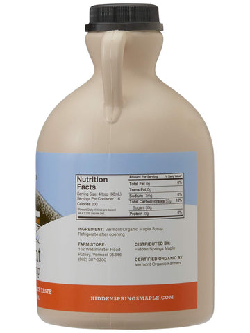Hidden Springs Maple Organic Vermont Maple Syrup, Grade A Amber Rich, 32 Ounce, 1 Quart, Family Farms, Bpa-Free Jug