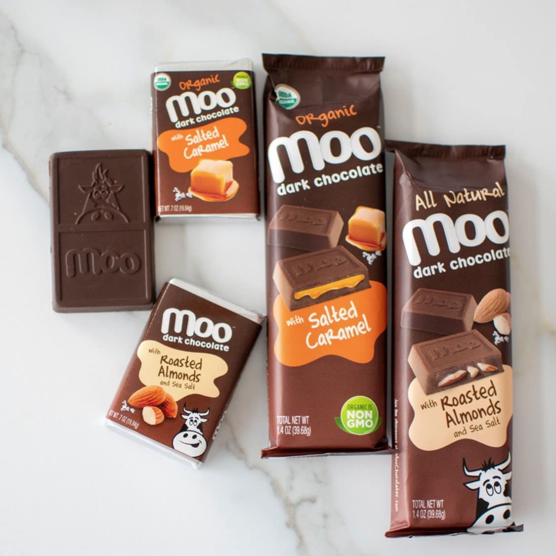 Moo Chocolates Organic Dark Chocolate Mini Bars With Salted Caramel 0.7Oz, 28 Ct (Pack Of 2) | Usda Organic, Non-Gmo | 100 Calor