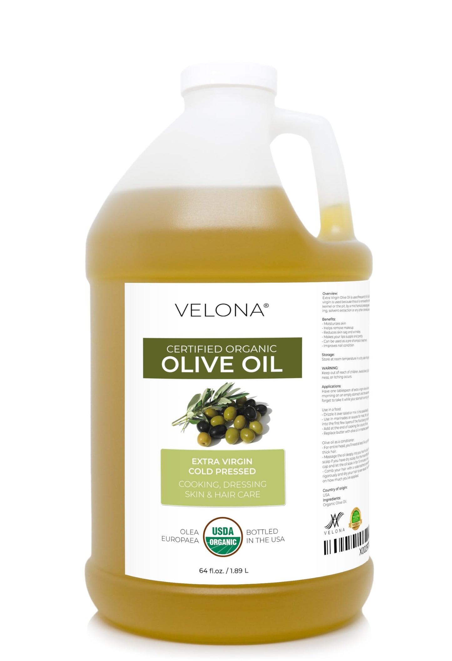 Olive Oil Extra Virgin Organic Unrefined Cold Pressed Velona (64Oz)