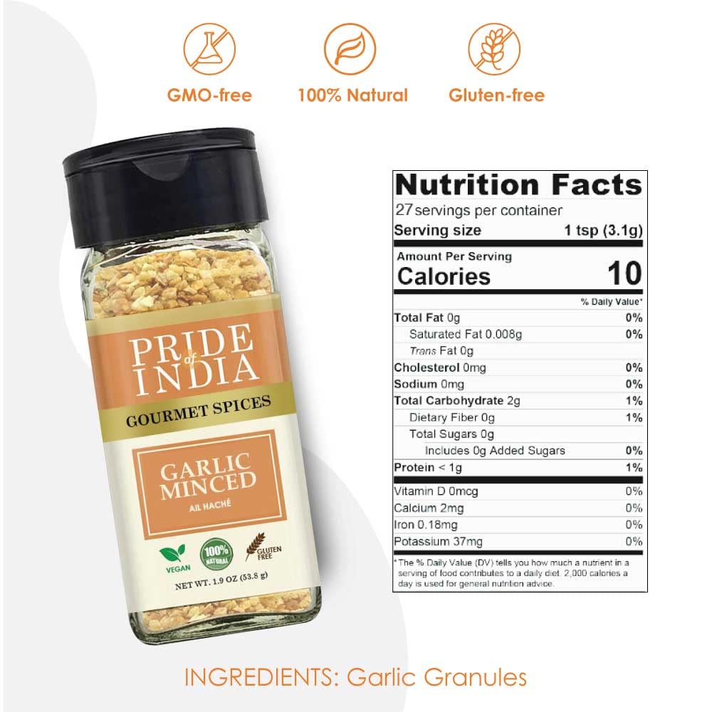 Pride Of India – Garlic Minced – Gourmet Seasoning – Ideal For Dips/Sauces/Bread/Salad/Stir-Fries – Ideal Pantry Condiments – Easy To Use – 1.9 Oz. Small Dual Sifter Bottle