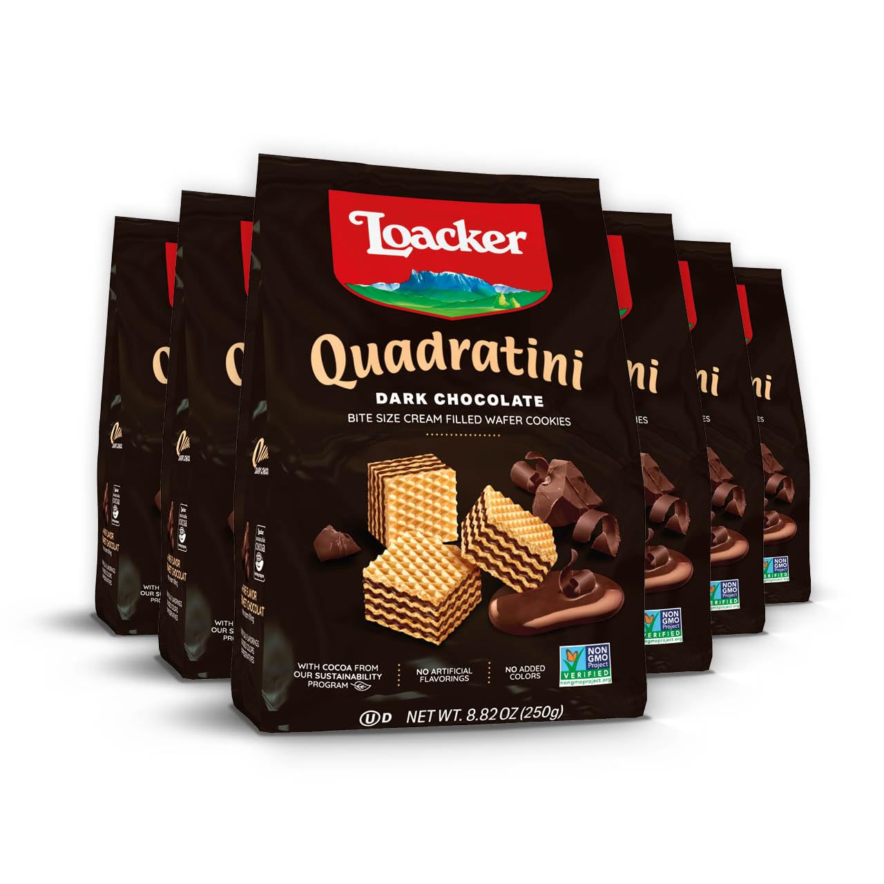 Loacker Quadratini Dark Chocolate Wafer Cookies Large - 30% Less Sugar - Premium Crispy Bite Size Wafers - Non-Gmo - Large Pack Of 6