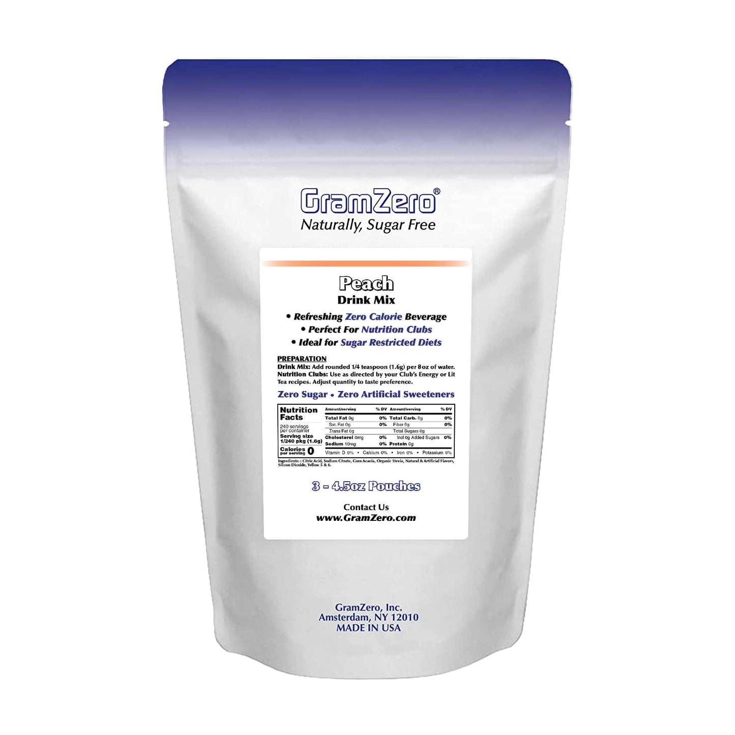 Gramzero Peach Zero Calorie Sugar Free Drink Mix, Great For Nutrition Club Loaded Teas, Stevia Sweetened