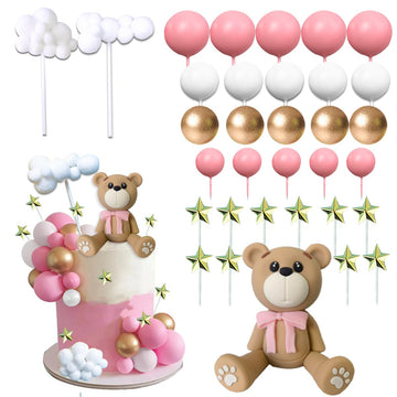 33 Pcs Bear Cake Toppers Bear Balls Cake Decorations With Stars Clouds Cake Toppers For Boy Girl Baby Shower Birthday Party Deco