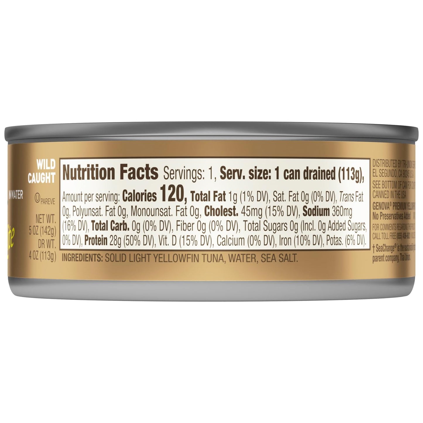Genova Premium Lite Yellowfin Tuna In Water, Wild Caught, Solid Light, 5 Oz. Can (Pack Of 12)