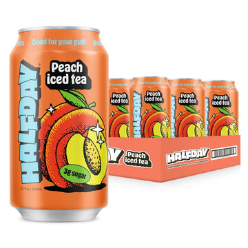 Halfday Prebiotic Peach Iced Tea Cans, 12 Pack, Supports Digestive Health & Gut Health, 8G Plant Fiber & Prebiotics, Gluten Free