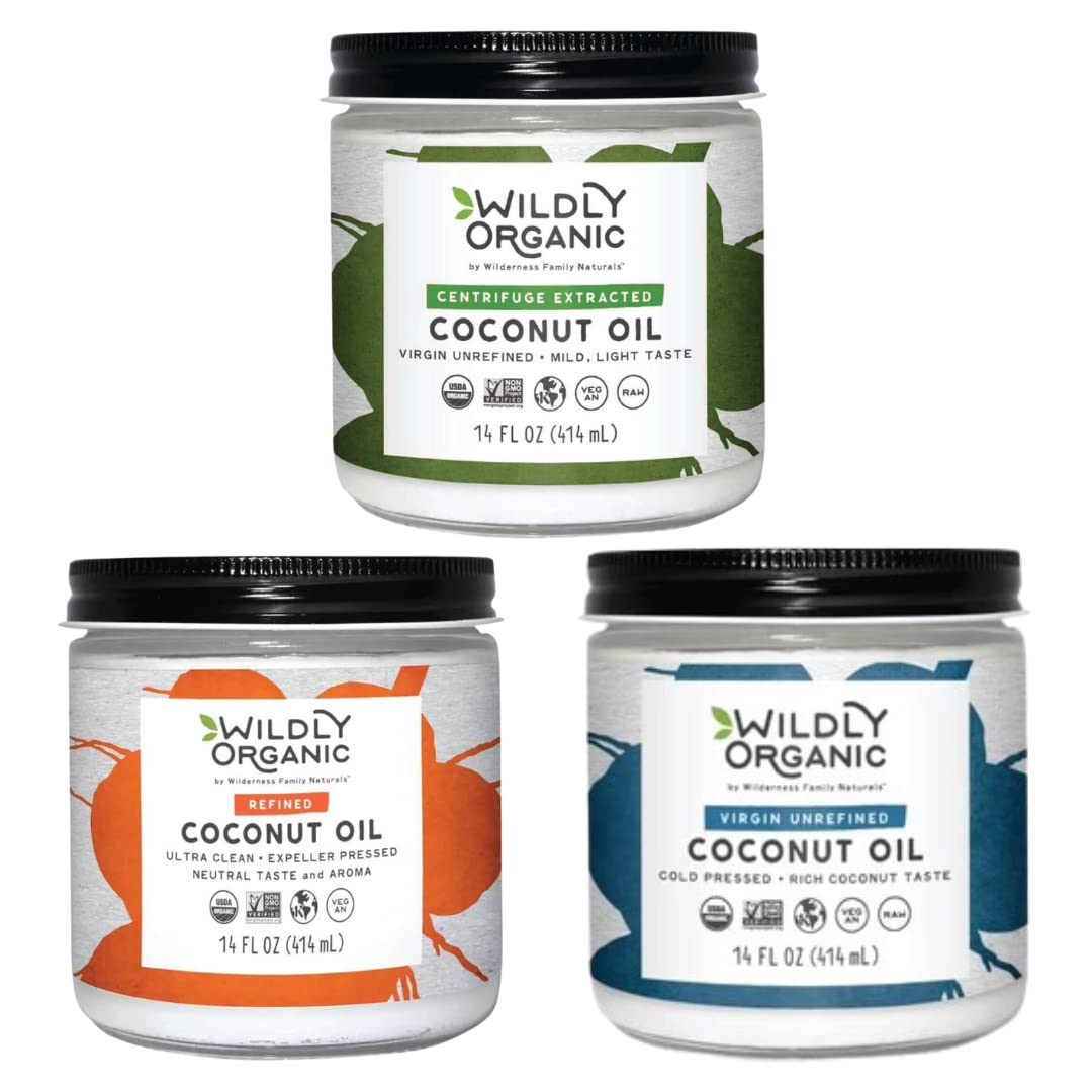 Wildly Organic Coconut Oil Sample 3-Pack 14 Fl Oz Glass Jars - 1) Refined Coconut Oil, 2) Raw Unrefined Centrifuge Exacted, & 3)