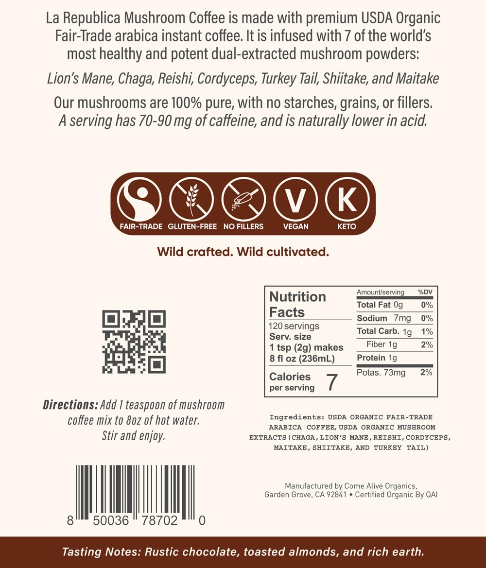 La Republica Big Shot Decaf Instant Mushroom Coffee Organic (120 Servings) With Lions Mane, Reishi, Chaga, Cordyceps, Maitake, Turkey Tail