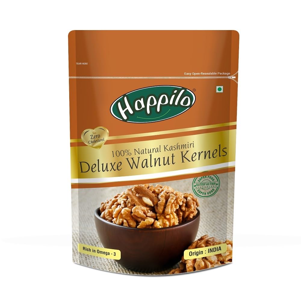 Happilo Top-Grade 100% Natural Deluxe Kashmiri Walnut Kernels 1Kg | Fresh & Unsalted Akhrot Giri | Quick Dry Fruit For Snacking | High Protein | No Cholesterol (Pack Of 5)