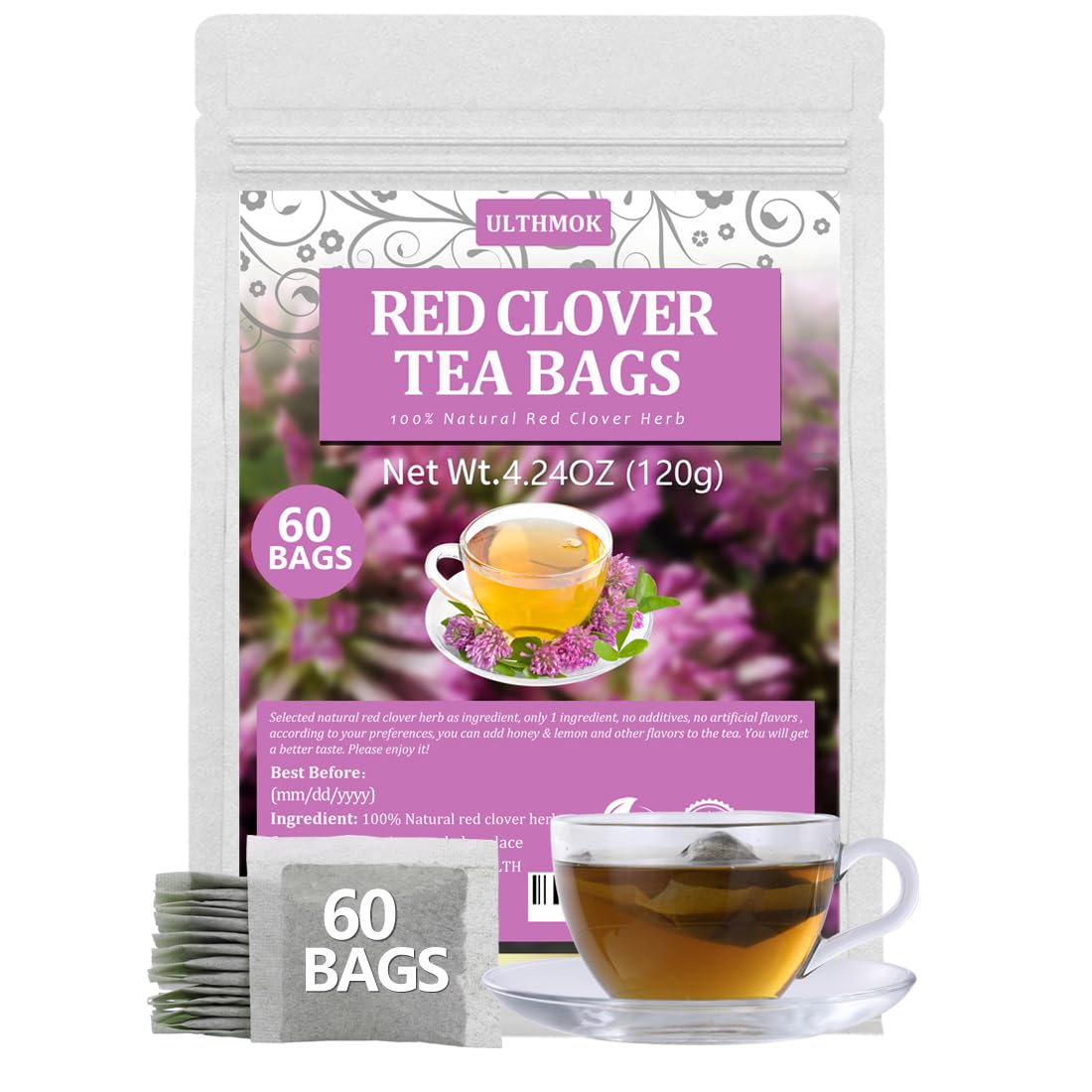 60 Top-Grade Red Clover Tea Bags Made With 100% Natural Red Clover Flowers & Herb Rich In Antioxidants & Supports Wellness No Additives & Energy Blend Free.