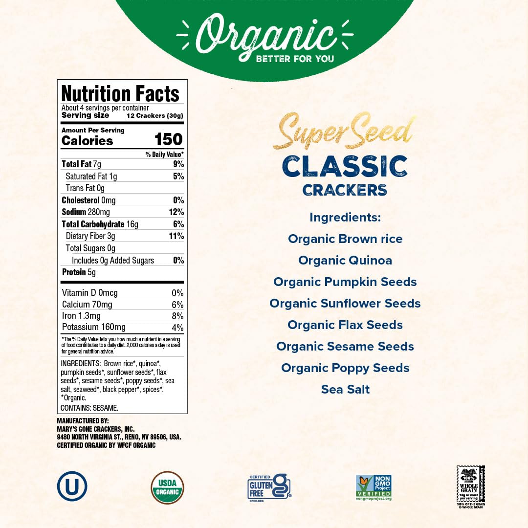 Marys Gone Crackers Super Seed Crackers, Classic, 4 Ounce (Pack of 1), Organic Plant Based Protein, Gluten Free