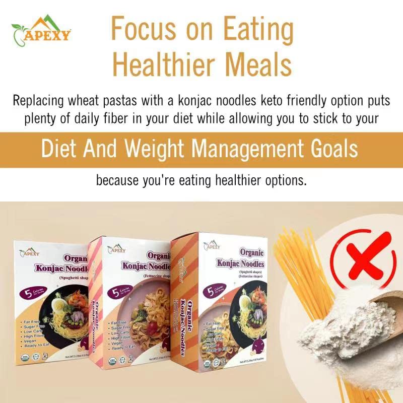 Apexy Organic Shirataki Konjac Noodle with Organic Oat Flour 42.24oz 8 Pouches Inside Healthy Diet, Low Calorie, Low-Carb Gluten