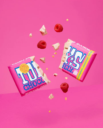 Tonys Chocolonely Belgian White Chocolate Raspberry Candy Bar With Popping Candy, Chocolate Bar for Snacks, Party Favors, Gifts,