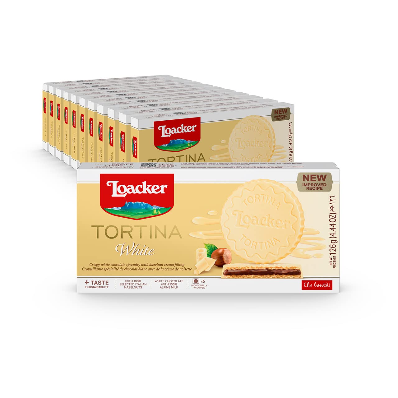 Loacker Tortina White - Individually Wrapped Top-Grade White Chocolate Enrobed Crispy Wafer Tartlets With Hazelnut Cream Filling - Pack Of 12