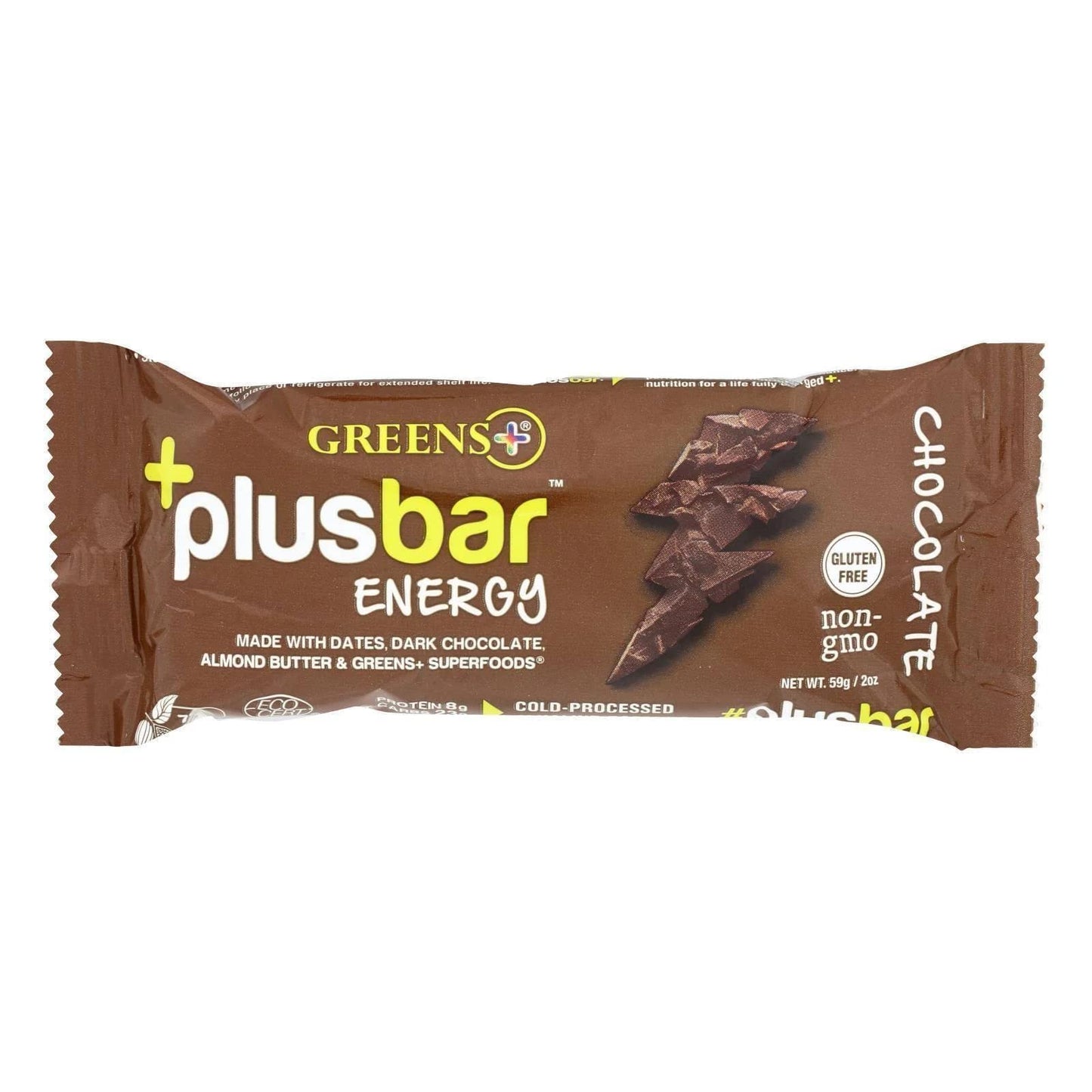 Greens Plus +Plusbar Energy Chocolate | Non-GMO & Gluten free | Made with Organic Dates, Dark Chocolate, Almond Butter & Greens+ Superfoods - 12 Nutrition Bars / 59 gram per Bar