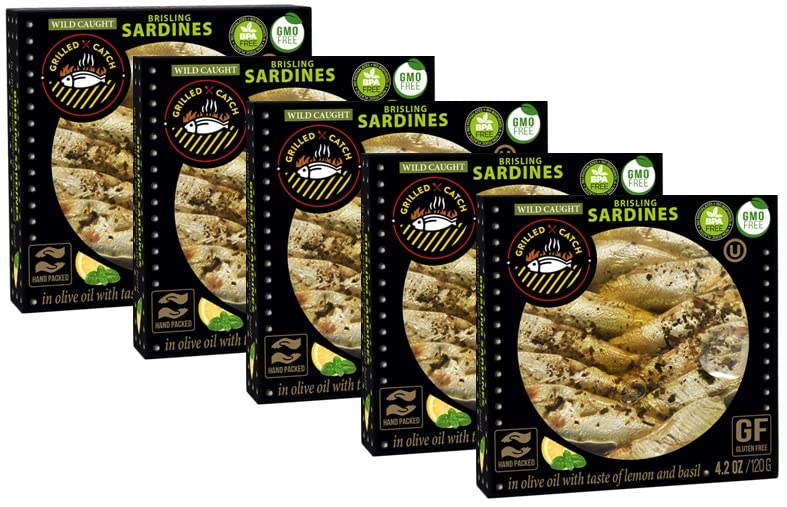Grilled Catch Wild Caught Brisling Sardines In Olive Oil 4.2 Oz/120G, Pack Of 5, Product Of Latvia (Lemon And Basil)