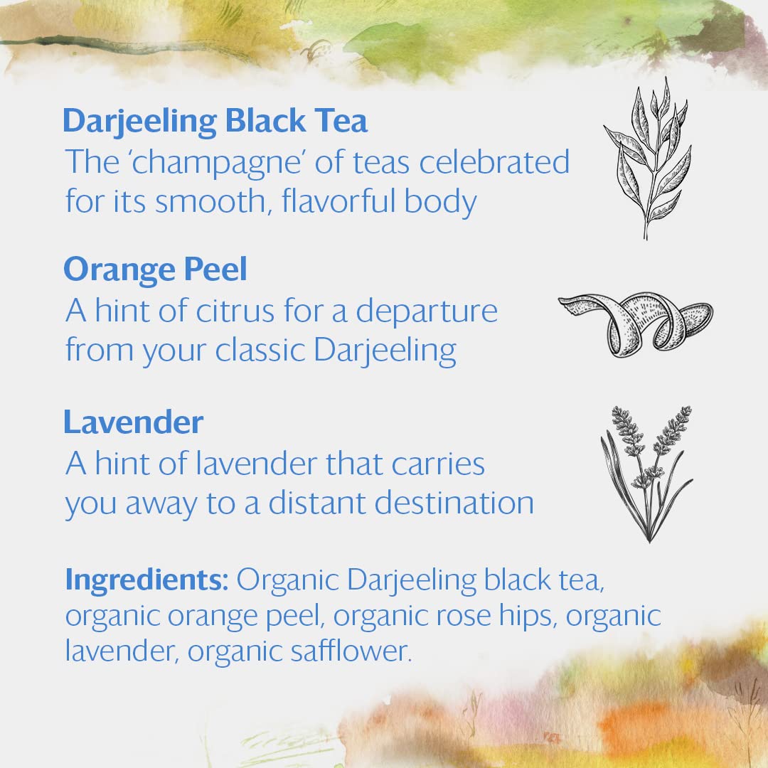 Grace Farms Organic Darjeeling Sunrise Black Tea, 16 Pyramid Sachets, Fairtrade, Kosher, Orange Flavor