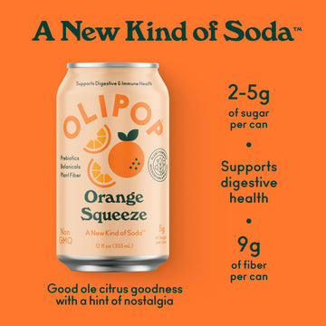 OLIPOP Prebiotic Soda Pop, Orange Squeeze, A New Kind of Soda Packed with Prebiotics, Fiber, and Botanicals, Gluten Free, Vegan,