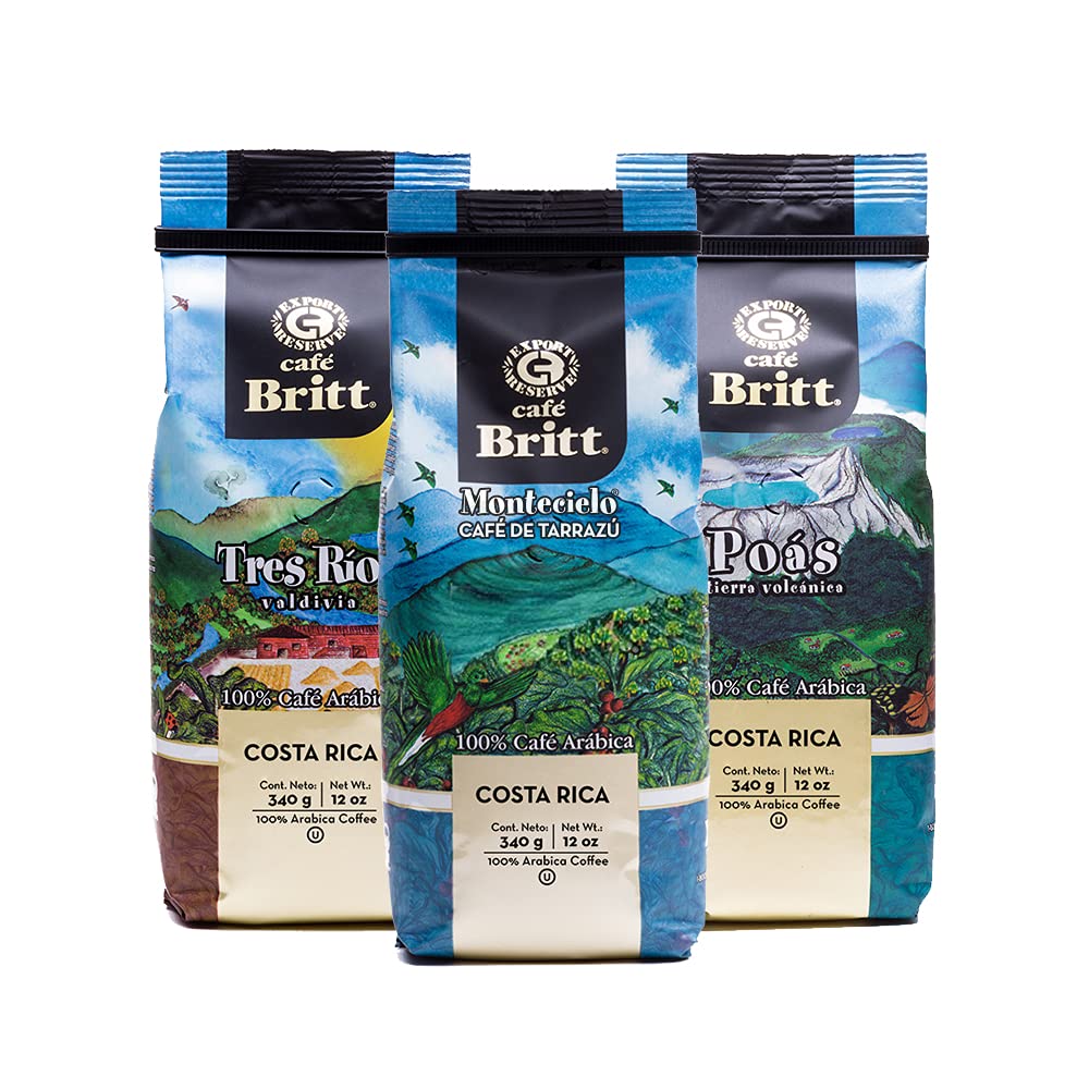 Assortiment Cafe En Grain Café Britt® - Costa Rican Origins Coffee Bundle (12 Oz.) (3-Pack) (Coffee From: Tarrazú, Tres Ríos & Poás) - Whole Bean, Arabica Coffee, Kosher, Gluten Free, Gourmet