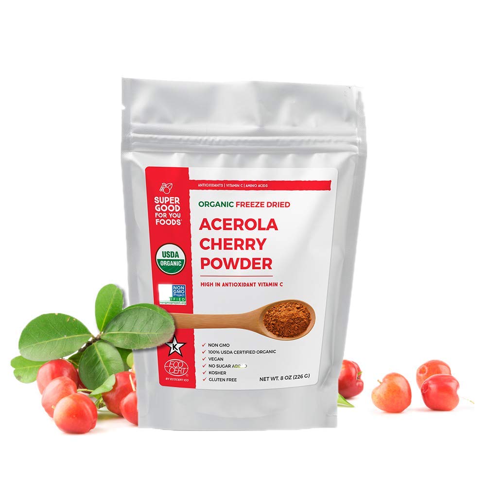 Super Good For You Foods Freeze Dried Acerola Cherry Powder, Organic, Gluten-Free, Non-GMO, Vegan, 4 oz