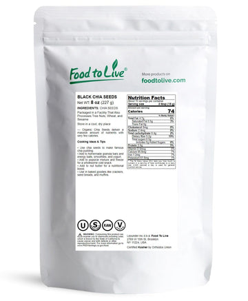 Food To Live Black Chia Seeds, 8 Ounces - Whole, Sproutable, Vegan, Kosher, Keto, Sirtfood, Bulk. Rich In Essential Fatty Acids,