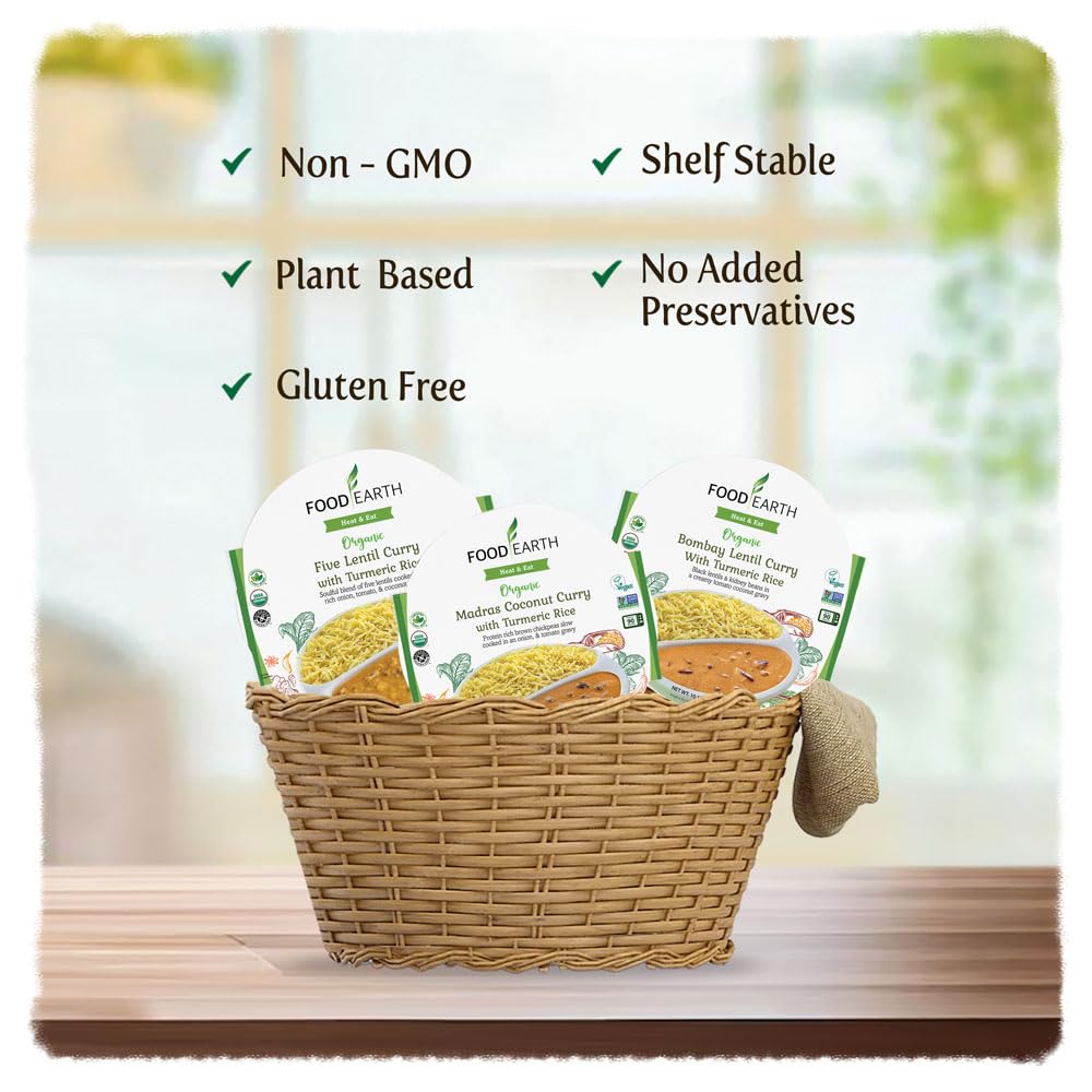 Food Earth Ready To Eat Indian Cuisine - Bombay Lentil Curry, Five Lentil Curry & Madras Coconut Curry With Turmeric Rice - Orga