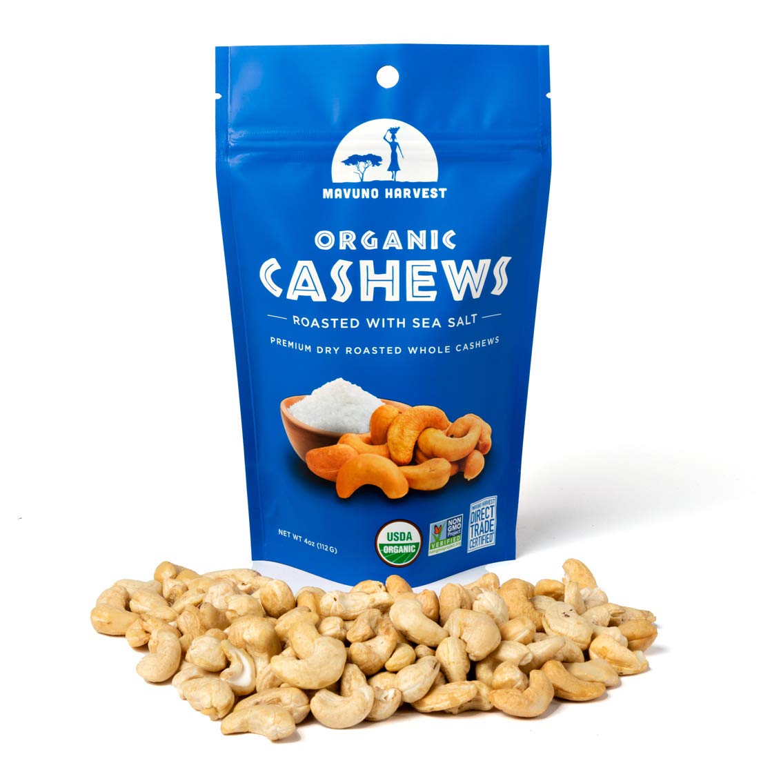Mavuno Harvest Organic Roasted Cashews With Sea Salt | Dry Roasted Whole Cashew Nuts | Vegan, Non Gmo Healthy Snacks For Kids And Adults | Office Friendly Work Snack | 4 Ounce, Pack Of 3
