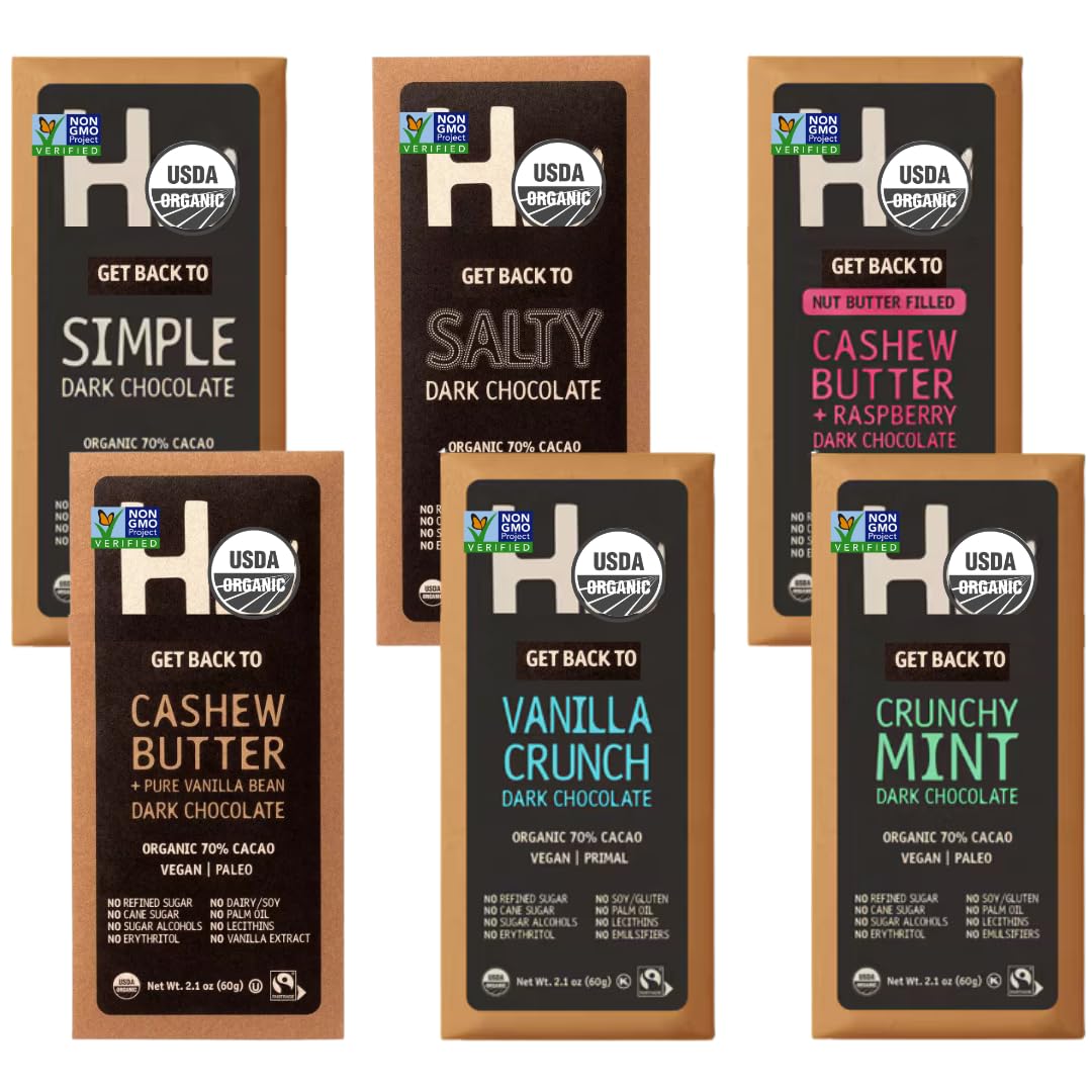 Dark Chocolate Bar Variety Pack 6 Flavors 2.1 Oz Bars - Healthy Snack Vegan Paleo Gluten-Free -No Dairy No Refined Sugar 6 Pack