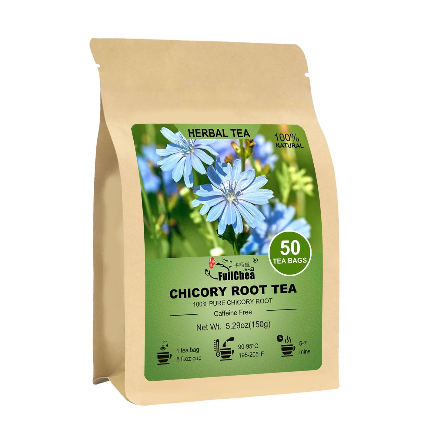 Fullchea - Chicory Root Tea 50 Teabags - Pure Chicory Root Herbal Tea - Coffee Alternative - Non-Gmo - Energy Blend-Free - Support Liver Health & Rich In Antioxidants